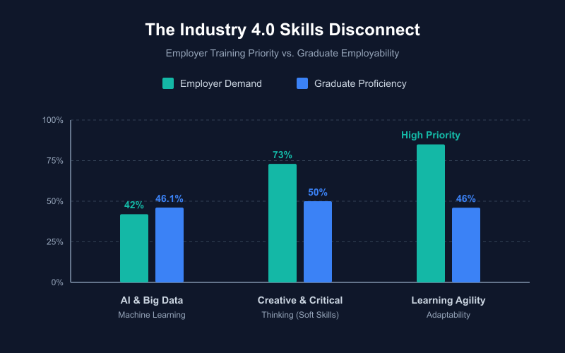 Bar chart comparing Industry 4.0 skills demanded by employers versus skills possessed by Indian engineering graduates across key competencies including AI, IoT, data analytics, and digital integration